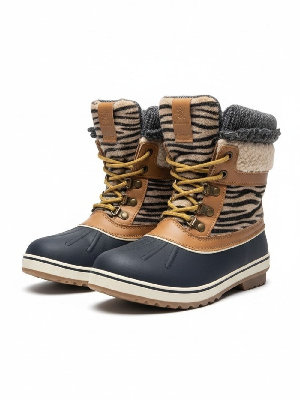 Globalwin Women's Zebra Print Lace Up Ankle Snow Duck Boots Faux Fur 6.5